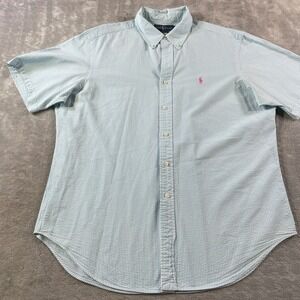 Ralph Lauren Shirt Mens XL Blue‎ Striped Seersucker Preppy Coastal Short Sleeve